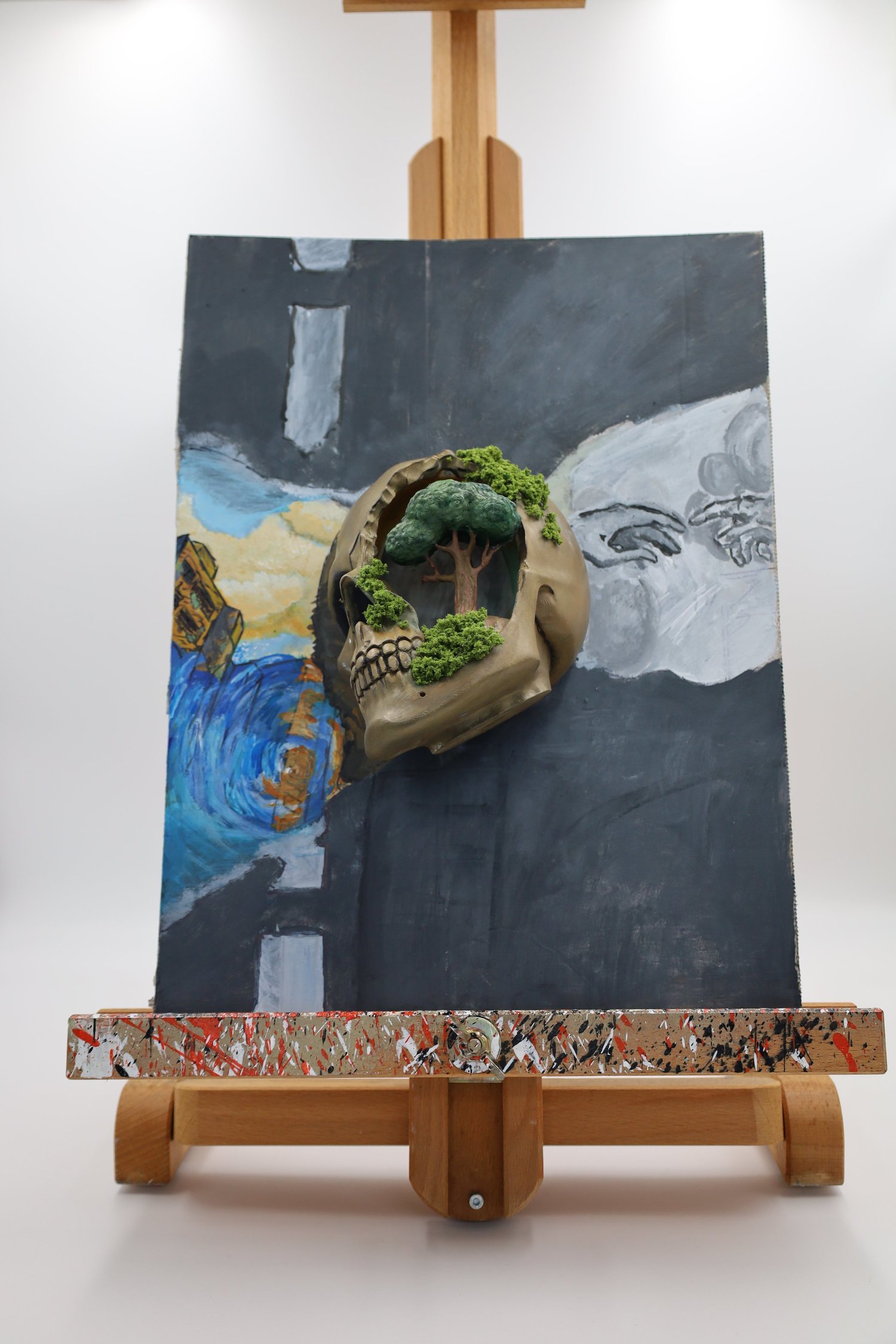 Painted skull with a bonsai tree on a Van Gogh inspired canvas