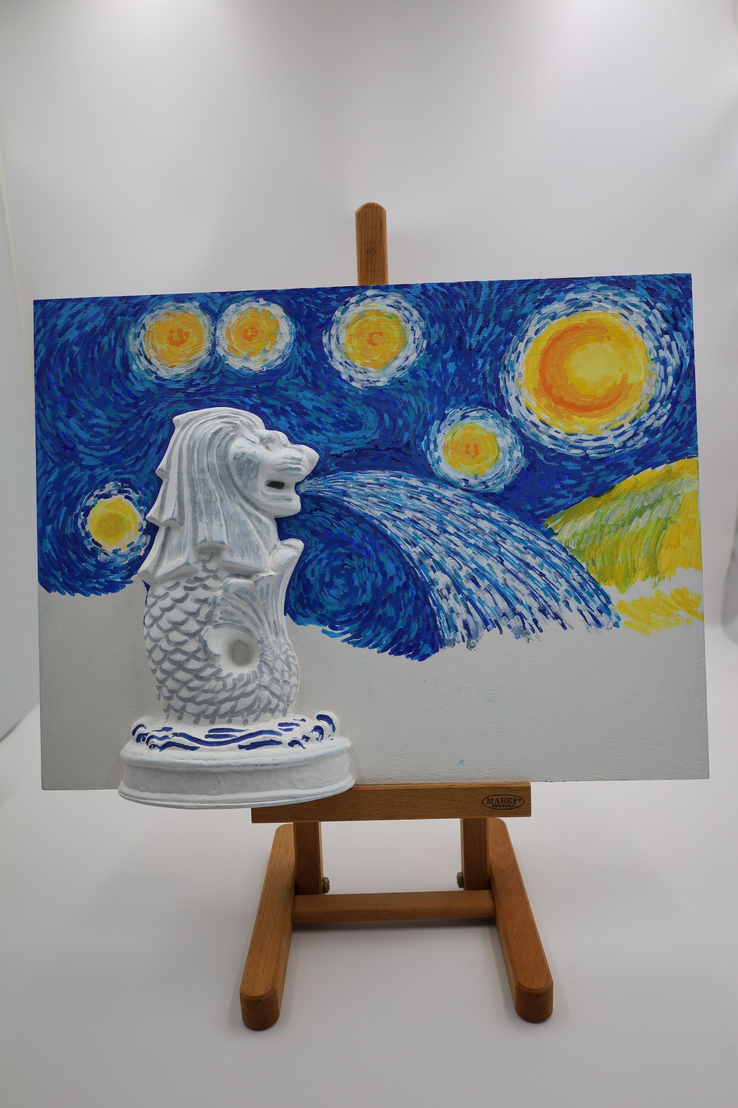 Painted 3D-printed Merlion on a Starry Night inspired canvas