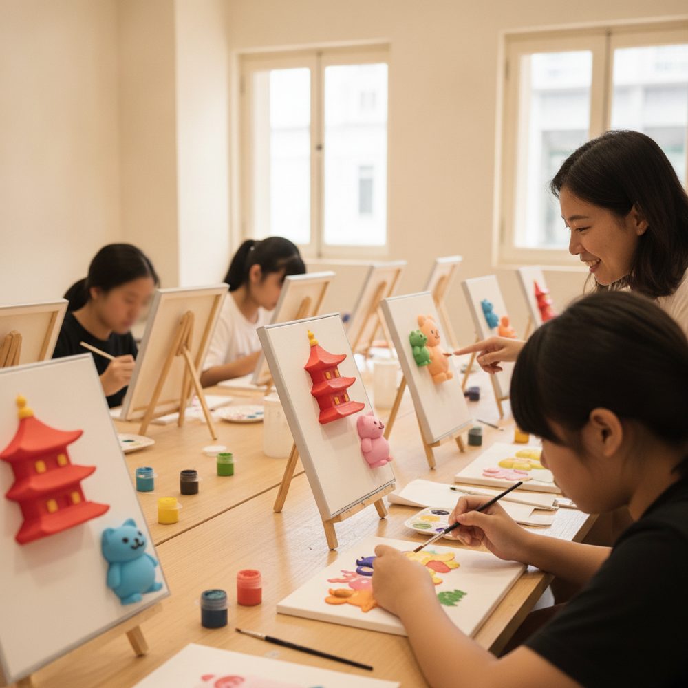 A group painting colourful 3D-printed art pieces at a COLORVERSE workshop